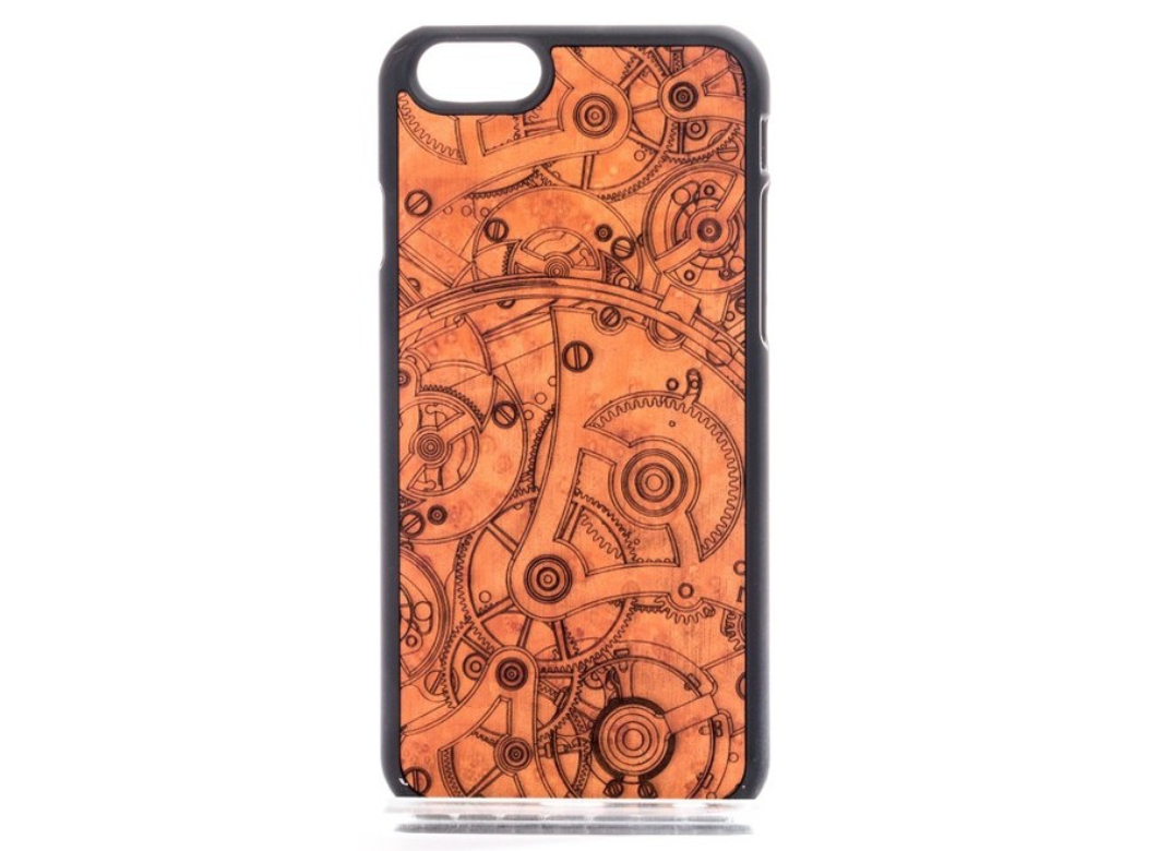 Wooden phone case with steam punk design